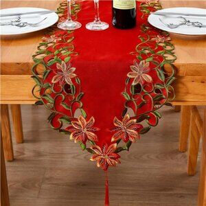 Christmas embroidered table runner red poinsettia green leaves holiday decor 69
